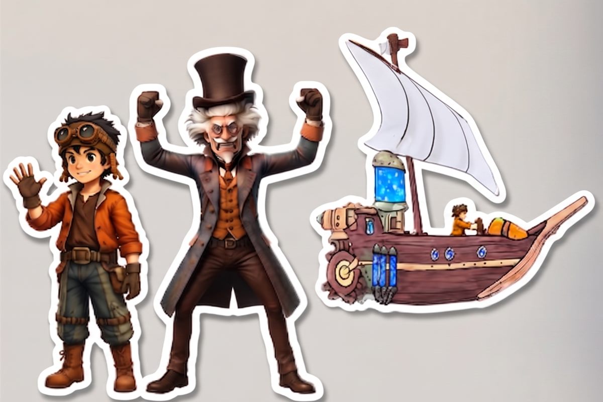 Aérion, le professeur et leur navire volant dans l’univers du jeu PlayGraf